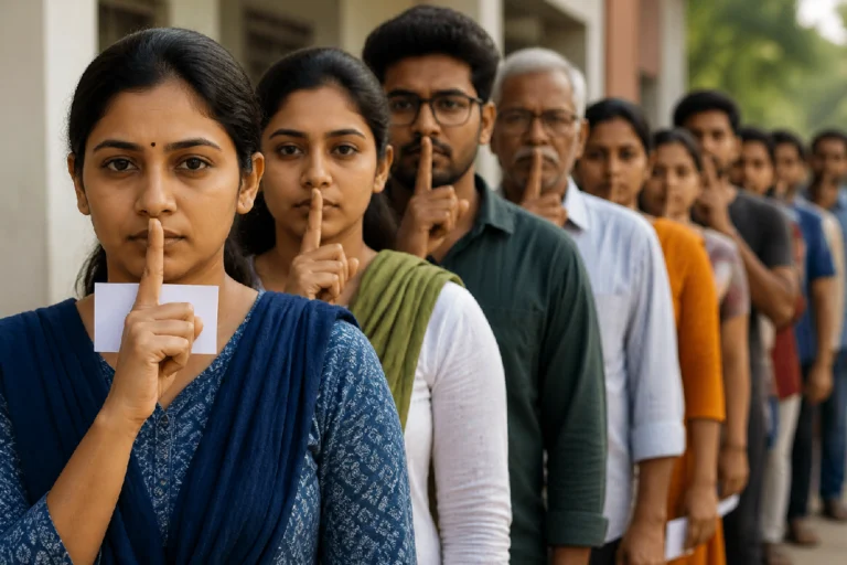 Silent voters in West Bengal election standing in queue at polling booth highlighting hidden voting behavior