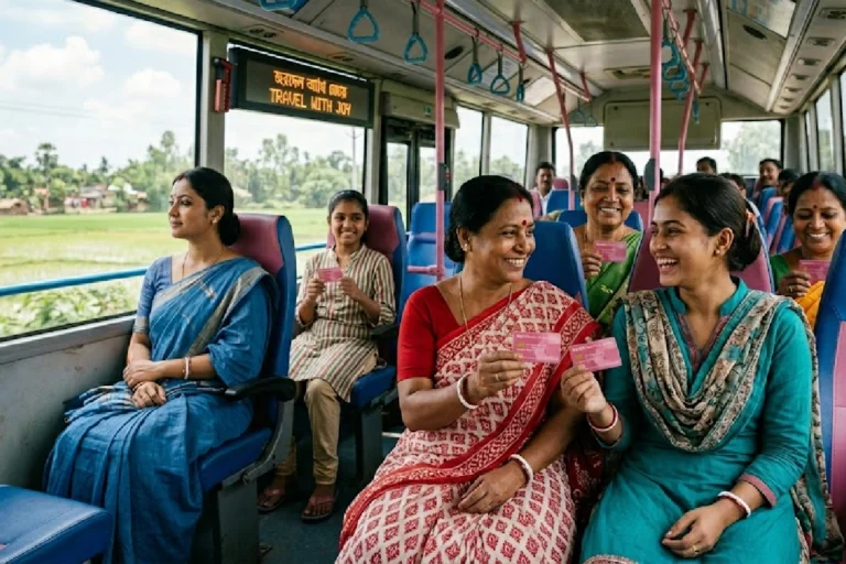 Free Bus Travel Card for Women: Women traveling in a government bus using smart cards for free travel across the state