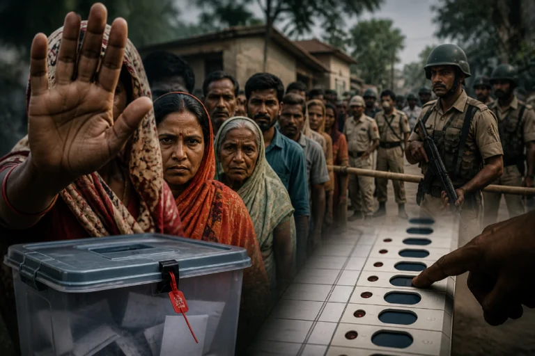 South 24 Parganas voting controversy showing restricted voters, political pressure and election conflict highlighting voter rights issues