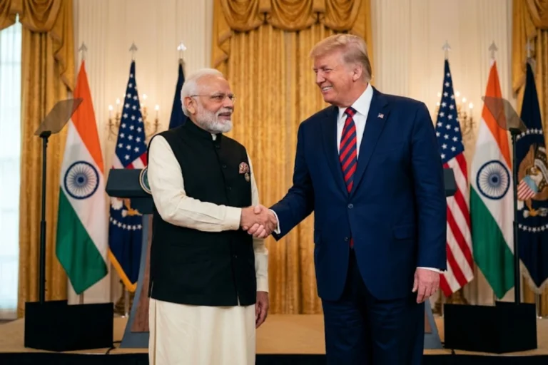 Narendra Modi and Donald Trump meeting with handshake after BJP victory in West Bengal