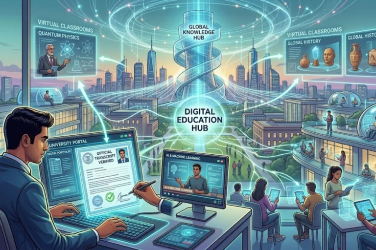 UGC ODL online course approval 2026 concept showing digital education platform with students accessing online classes and university approval system