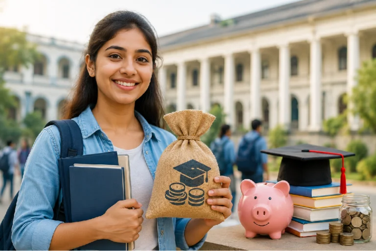 West Bengal Unmarried College Student Grant illustration showing a female college student receiving financial assistance for higher education with a government college campus in the background.