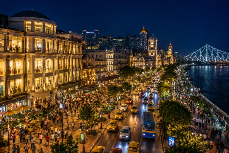 Kolkata 24 Hours Shopping Policy showing illuminated shopping malls, restaurants and busy streets during night