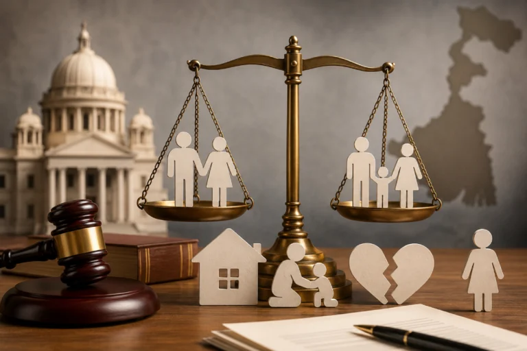 Uniform Civil Code West Bengal concept illustration showing legal documents, a courthouse, family symbols and the scales of justice representing proposed common civil laws for all citizens.