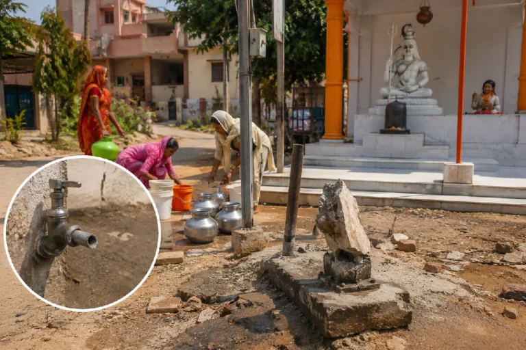 Water Tap Vandalism in Ashok Vihar showing the damaged public water tap and the ongoing drinking water crisis faced by local residents.