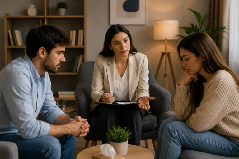 Chief Breakup Officer Job illustration showing a relationship consultant helping a couple peacefully end their relationship with a professional guidance session.