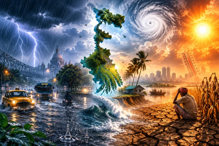 Climate Change Impact on West Bengal showing rising sea levels in the Sundarbans, extreme heatwaves, changing rainfall patterns in Kolkata, flooding, and environmental migration across Bengal