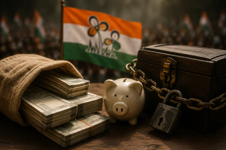 Trinamool Congress party fund crisis showing political developments related to the party's treasury, bank account concerns, and internal leadership dispute.