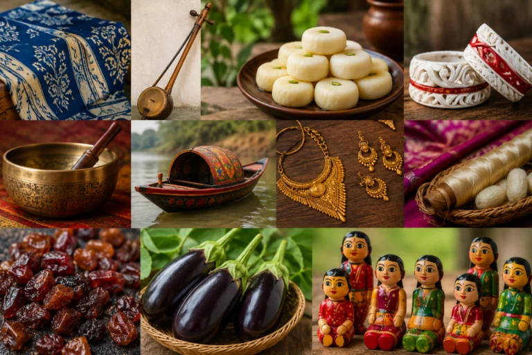 West Bengal GI Tag 2026 featuring twelve newly recognized heritage products including Santiniketan Batik, Ektara, Mecha Sandesh, Murshidabad Silk and other traditional crafts of Bengal.
