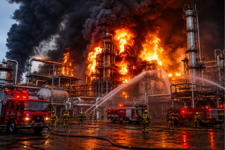 Haldia Petrochemicals Fire after a suspected naphtha pipeline leak with firefighters battling massive flames and thick black smoke at the industrial complex.