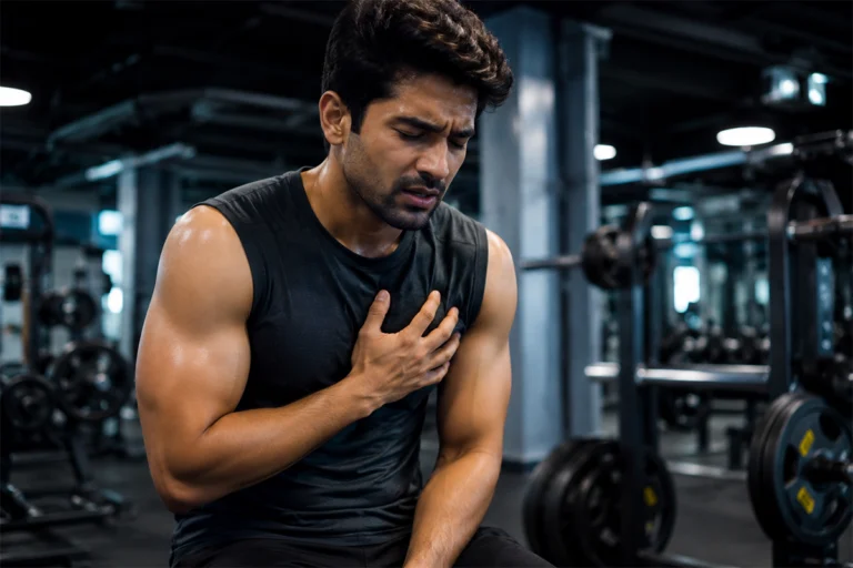Heart attack in young adults, A fit young man experiencing sudden chest pain during a gym workout, symbolizing the hidden risks of heart attacks in young adults