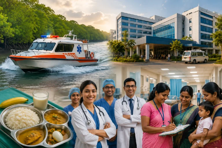 West Bengal Health Budget 2026 concept illustration showing a high-speed water ambulance in the Sundarbans alongside a modern government hospital, healthcare workers and medical infrastructure development.