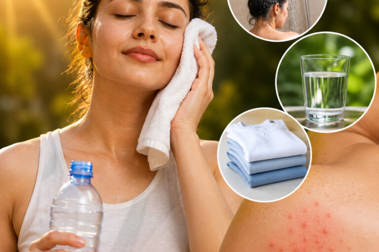 Heat Rash Prevention: A person staying cool during hot weather by maintaining skin hygiene, drinking water, and wearing light clothing to avoid heat rash and skin irritation.