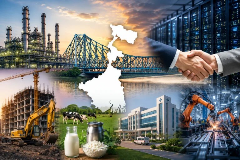 West Bengal Investment 2026 highlighting major industrial projects by Haldia Petrochemicals, L&T, Amul, Peerless and Berger Paints with new employment opportunities across the state.