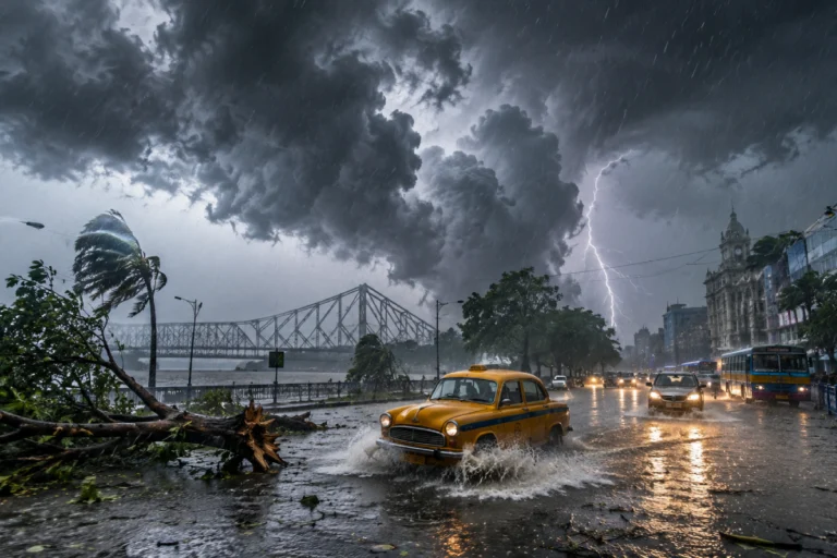 Kolkata Sudden Heavy Rain Weather showing dark cumulonimbus clouds, intense rainfall, strong winds, lightning and waterlogged streets caused by a powerful squall front during the monsoon