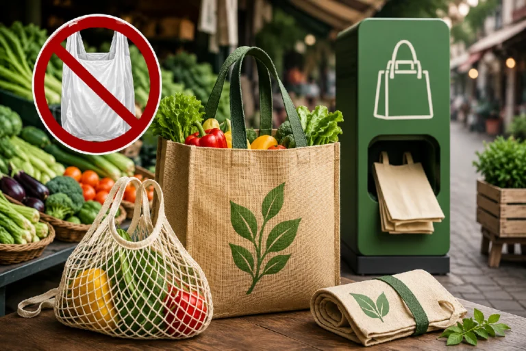Single Use Plastic Ban awareness poster showing reusable shopping bags, a bag dispensing machine, and new market rules encouraging eco-friendly alternatives to plastic bags.