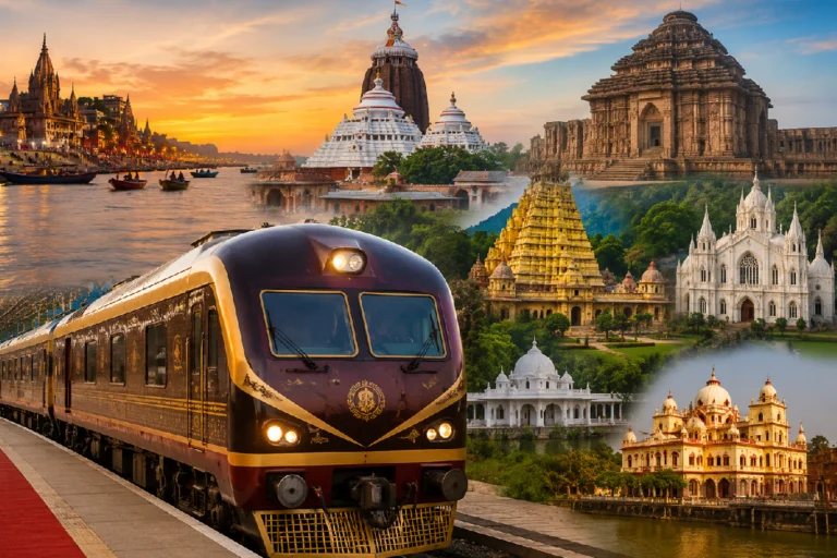 Bharat Gaurav Deluxe Tourist Train Pilgrimage Tour carrying devotees to Varanasi, Puri, Konark, Kolkata, Gangasagar and Deoghar with luxury onboard facilities.