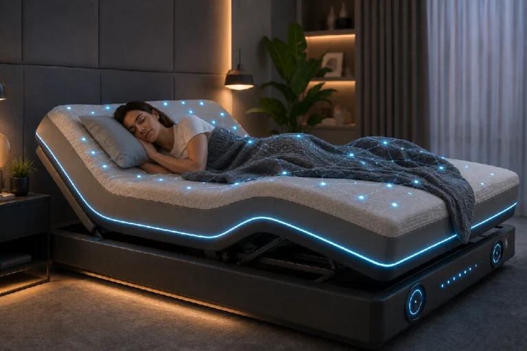 AI Smart Bed for Better Sleep automatically adjusts sleeping posture using intelligent sensors to reduce snoring, improve comfort, and support better sleep and overall health.