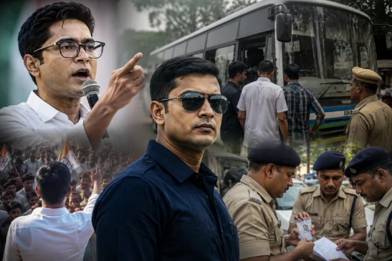 বাসে ধরা পড়লেন সুমিত? অভিষেকের কে সেই রহস্যময় প্রভাবশালী ছায়াসঙ্গী, জানলে চমকে উঠবেন Shariful Islam Abhishek Banerjee symbolic news image showing Shariful Islam, a bus, police personnel, and a political backdrop representing the recent developments and public discussion surrounding the incident.