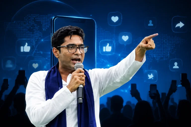Abhishek Banerjee Allegations highlighted in a political news visual showing Abhishek Banerjee addressing the media with symbolic investigation elements and police presence in the background.