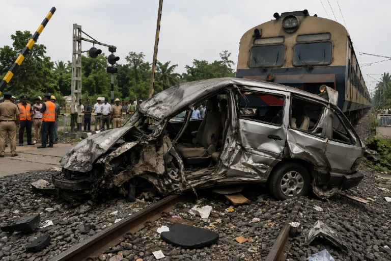 Murshidabad Level Crossing Accident scene showing a damaged school van near a railway crossing after a train collision, with railway officials, police personnel and rescue teams investigating the tragic incident.