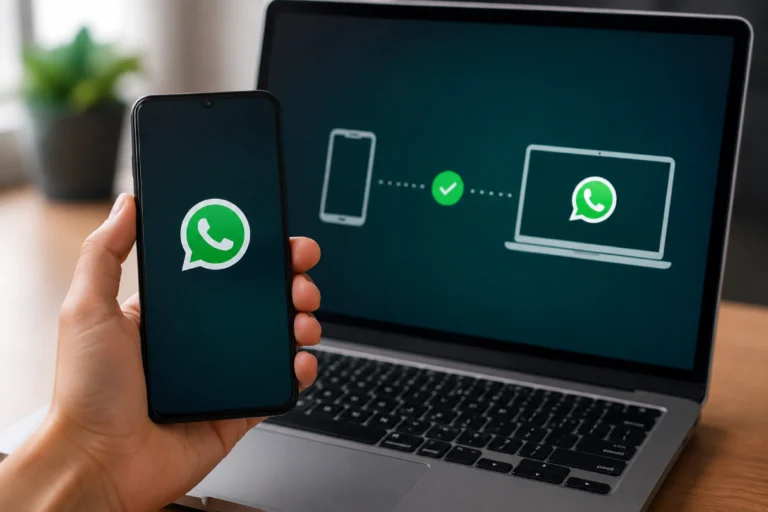 WhatsApp Passkey Device Linking feature showing secure login on a desktop using passkey authentication instead of QR code scanning.