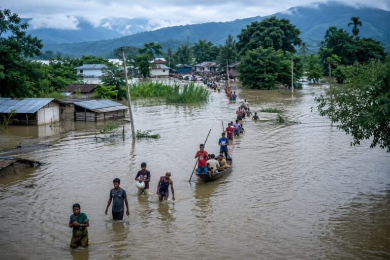Assam Flood Relief Celebrity Support: Flood-affected families in Assam receiving relief materials as celebrities and volunteers support humanitarian aid efforts.