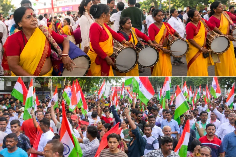 সাংবাদিক নিগ্রহের প্রতিবাদে মিছিল, একাধিক রাজনৈতিক কর্মসূচিতে থমকাল শহরের গতি? BJP Tiranga Yatra Kolkata: Supporters carrying national flags during a political rally in Kolkata