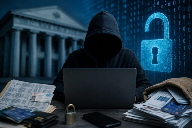 Bank Customer Data Leak Cyber Safety Tips: A bank customer receiving a phishing message on a smartphone while a cybersecurity shield protects personal banking information.