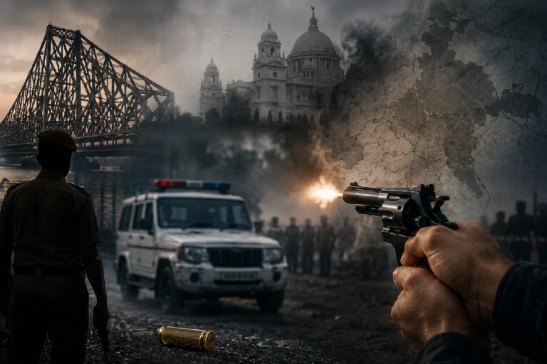 এনকাউন্টার আসলে কী? পশ্চিমবঙ্গে আগে কি এমন ঘটনা ঘটেছে? জানুন অজানা তথ্য West Bengal Encounter History: A symbolic illustration representing the history of police encounters in West Bengal, highlighting legal debates, past operations, and the evolution of encounter cases in the state.