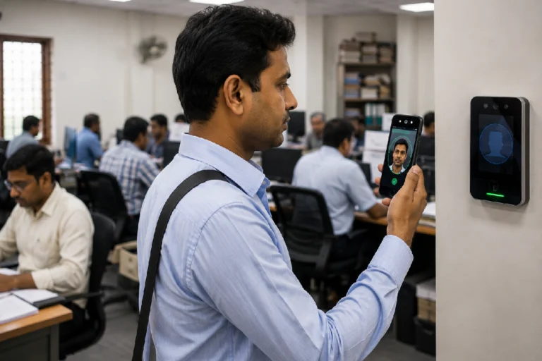 Government Employee Attendance App update showing a government employee using a mobile attendance application with face recognition verification inside a government office in West Bengal.