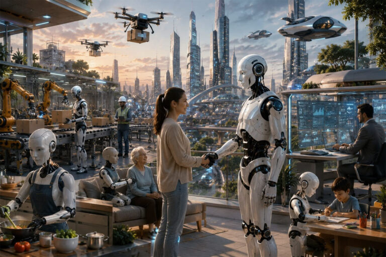 Humanoid Robots Future of AI: Advanced humanoid robot interacting with humans in a modern workplace, showcasing the future of artificial intelligence and automation.