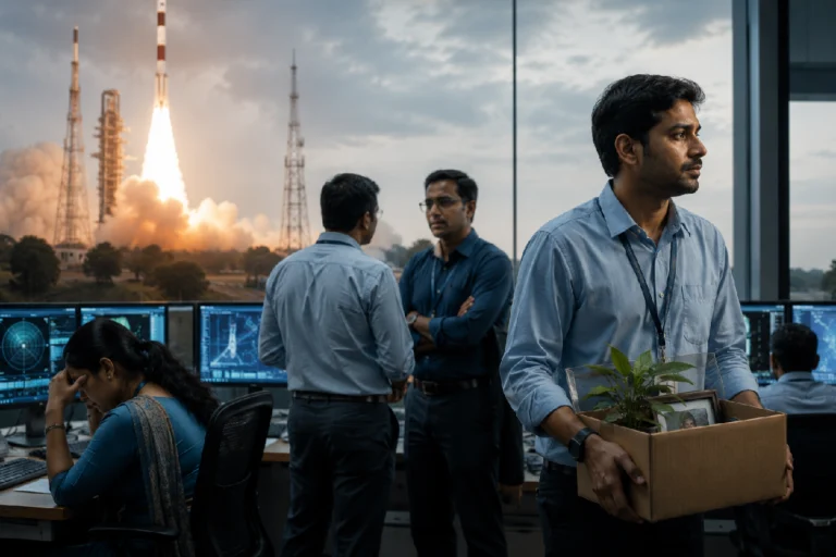 ISRO Scientists Resignation concept showing Indian space scientists discussing career choices, with a rocket launch in the background symbolizing India's space programme and the debate over resignations and government policy.