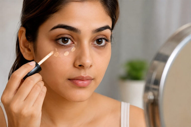 Concealer Tips for Dark Circles: Woman applying under-eye concealer correctly to cover dark circles with a smooth, crease-free makeup finish.