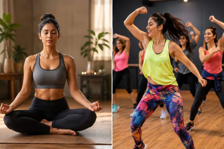 Meditation vs Zumba for Stress Relief: A person meditating beside a group performing Zumba, comparing two effective ways to reduce stress and improve mental well-being.