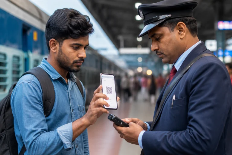হোয়াটসঅ্যাপ, পিডিএফ, স্ক্রিনশটে পাঠানো টিকিটে আর যাত্রা নয়! জানুন, রেলের নতুন নিয়ম RailOne App Digital Ticket Rules: Passenger displaying the original digital ticket on the RailOne App during a railway ticket inspection.