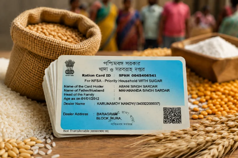 আপনার রেশন কার্ডে এই ভুল আছে? বন্ধ হতে পারে রেশনের সুবিধা, আপনার নাম আছে কি না জেনে নিন Fake Ration Card Verification West Bengal campaign showing ration cards, beneficiary verification, government document checking, and eligible citizens as the state verifies fake and duplicate ration cards.