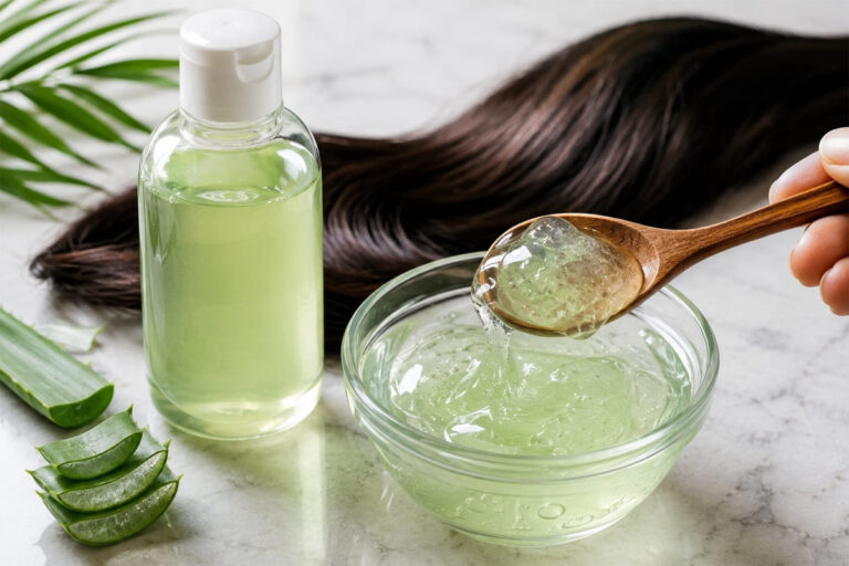 Aloe Vera Gel in Shampoo for Dry Hair: Fresh aloe vera gel being mixed with shampoo to moisturize dry, rough hair and improve softness naturally.