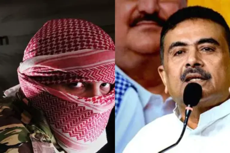 গেঞ্জির কারখানা থেকে জঙ্গি নেটওয়ার্ক! মুখ্যমন্ত্রীকে হত্যার ষড়যন্ত্র? হামিদের জঙ্গি জাল জানলে চমকে উঠবেন Shuvendu Adhikari Terror Plot: Representative image showing a political leader in the foreground with a shadowy masked terror suspect in the background, symbolizing an ongoing terror investigation following the arrest of Hamid Mandal.