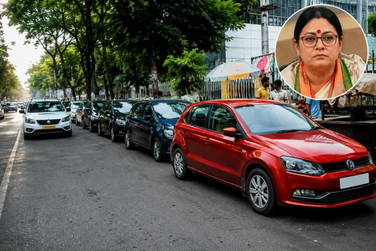 Illegal Parking Kolkata: Vehicles parked along a busy Kolkata roadside as authorities announce stricter parking rules, higher fines for illegal parking, and a smart parking management system.