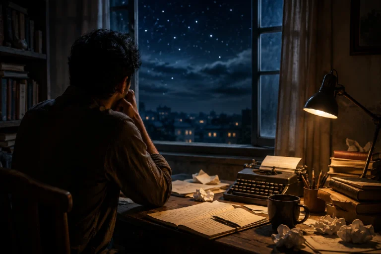 Why Writers Write: A lonely writer looking at the sky beside an unfinished manuscript and books