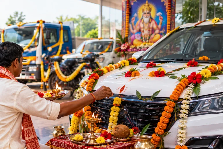 Vishwakarma Puja Car Buying tradition with vehicles decorated for worship