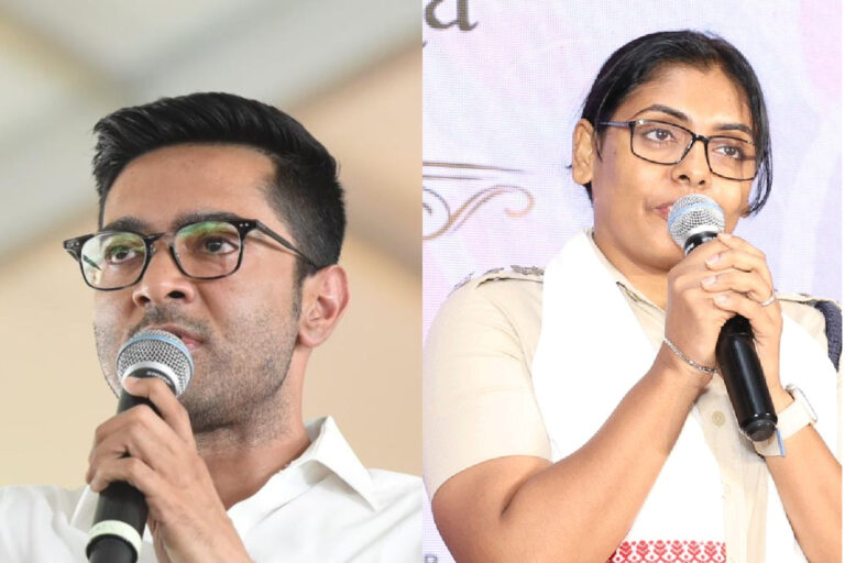 পশ্চিম মেদিনীপুরের পুলিশ সুপারকে ঘিরে অভিষেক বন্দ্যোপাধ্যায়ের বিস্ফোরক মন্তব্য! কী বললেন তিনি? Abhishek Banerjee West Midnapore SP – Editorial illustration of Trinamool Congress leader Abhishek Banerjee addressing a public gathering, representing his allegations against the West Midnapore Superintendent of Police and remarks about police accountability.