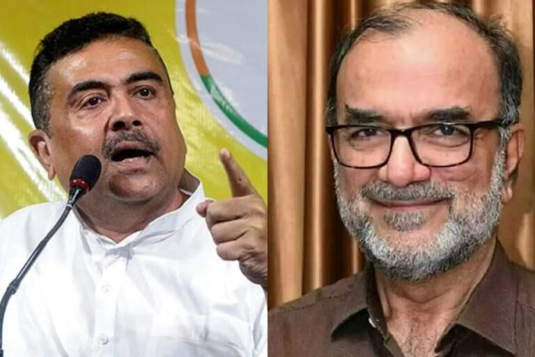 কী লেখার জন্য বিকাশ রঞ্জন ভট্টাচার্য কে পোস্ট মুছতে বললেন মুখ্যমন্ত্রী? Suvendu Adhikari Bikash Ranjan Bhattacharya news graphic showing Suvendu Adhikari and Bikash Ranjan Bhattacharya amid a controversy over a social media post and legal action warning