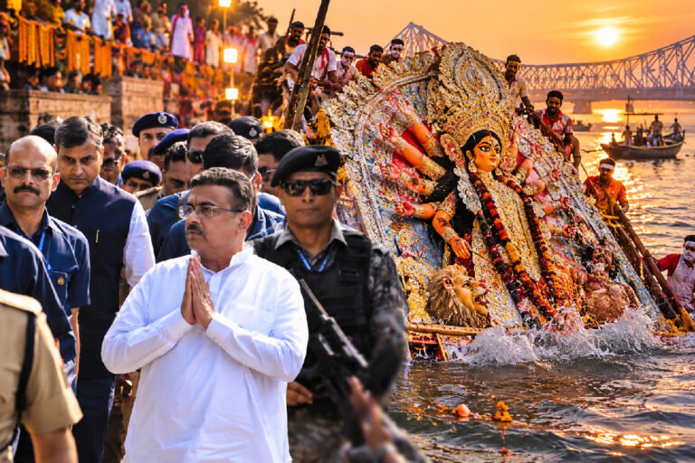 Durga Idol Immersion Guidelines – Editorial illustration showing a Durga idol being prepared for immersion at a Kolkata Ganga ghat, with trolley arrangements, police personnel and safety measures.