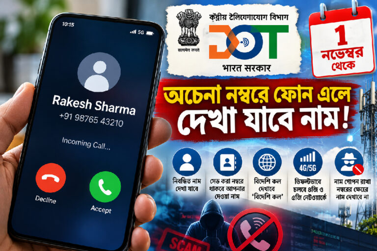 ১ নভেম্বর থেকে অচেনা নম্বরে ফোন এলেই দেখা যাবে নাম, সাধারণ মোবাইল ব্যবহারকারীদের কী কী বিষয় মনে রাখা জরুরি? Unknown Caller Name Display India showing a smartphone receiving an incoming call with the registered caller name and phone number under new DoT telecom rules.