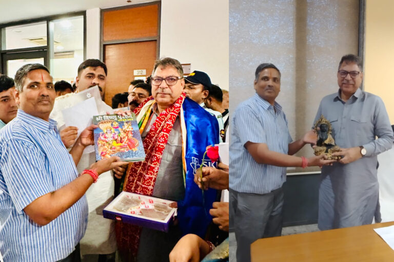 Professor Ramesh Kumar Rawat meeting BJP leader Satish Poonia at the party's central office in Delhi