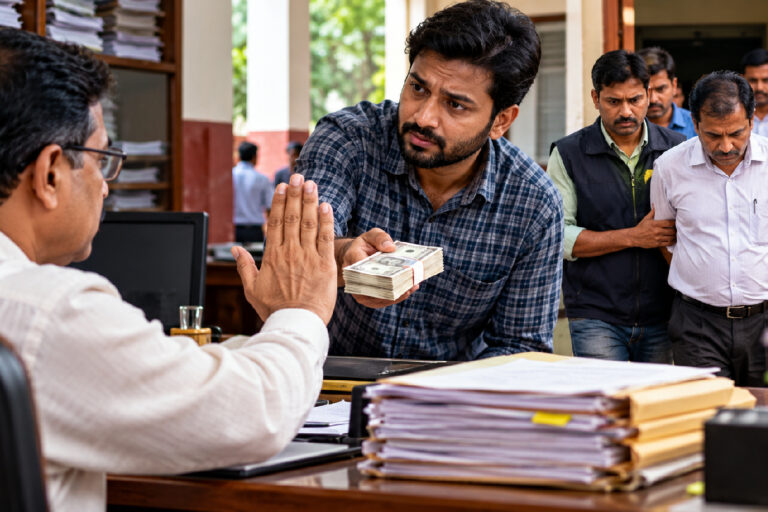 West Bengal Anti Corruption Helpline – Editorial illustration of a government office, a citizen reporting a bribery demand and anti-corruption officials investigating alleged misconduct in West Bengal.