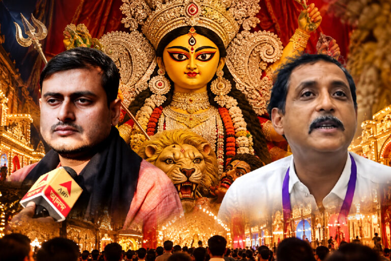 সজল নাকি শঙ্কুদেব? কার পুজো হল সেরার সেরা? জানুন এখনই Devi Durga Samman 2026 Kolkata Winners List news collage featuring a traditional Goddess Durga idol and two public figures associated with Kolkata Durga Puja coverage.